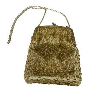 Vintage‎ Walborg 60s Gold Hand Beaded Evening Bag Chain Strap Kiss Lock